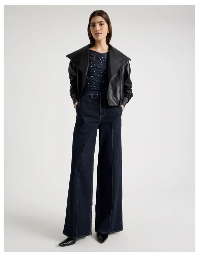 Blaq Mesh Long Sleeve Ruched Top in Navy