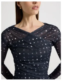 Blaq Mesh Long Sleeve Ruched Top in Navy