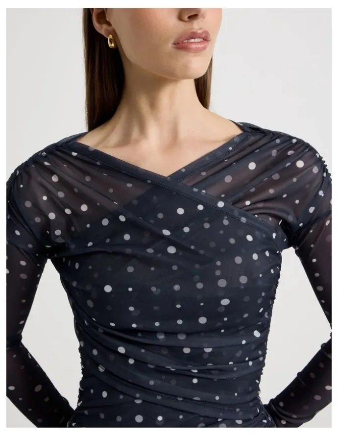 Blaq Mesh Long Sleeve Ruched Top in Navy