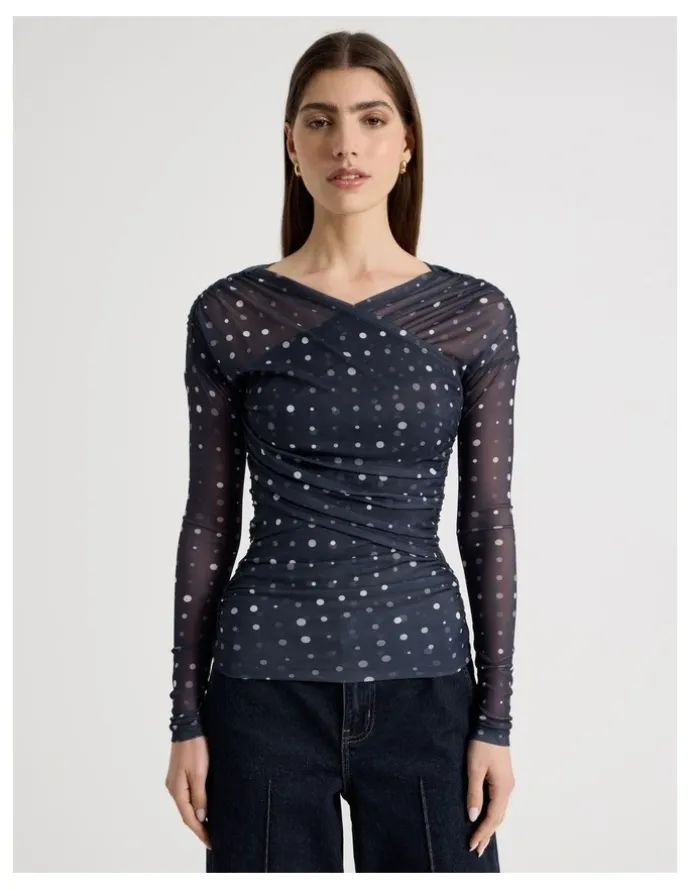 Blaq Mesh Long Sleeve Ruched Top in Navy