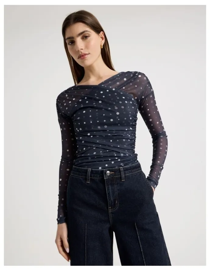 Blaq Mesh Long Sleeve Ruched Top in Navy