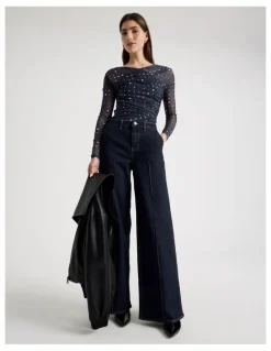 Blaq Mesh Long Sleeve Ruched Top in Navy