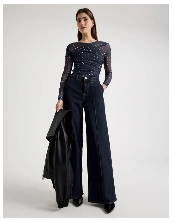 Blaq Mesh Long Sleeve Ruched Top in Navy