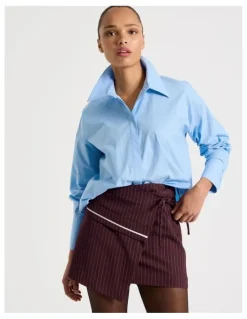 Blaq Pinstripe Wrap Mini Skirt in Wine