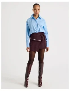 Blaq Pinstripe Wrap Mini Skirt in Wine