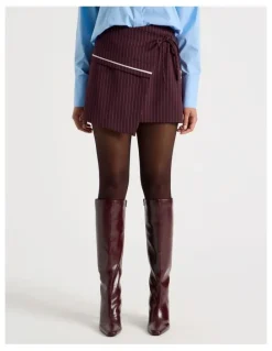 Blaq Pinstripe Wrap Mini Skirt in Wine