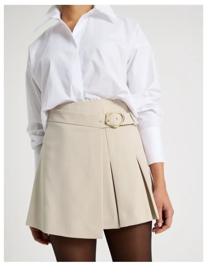 Blaq Pleated Wrap Mini Skirt in Stone