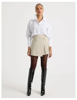 Blaq Pleated Wrap Mini Skirt in Stone
