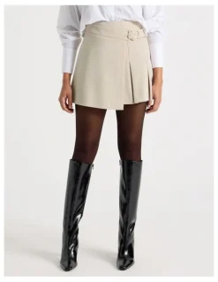 Blaq Pleated Wrap Mini Skirt in Stone
