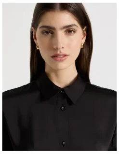 Blaq Satin Lace Trim Cropped Shirt in Black