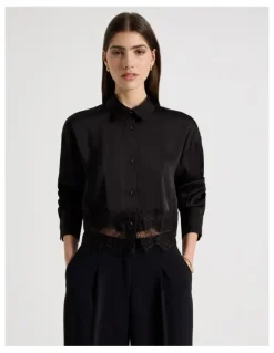 Blaq Satin Lace Trim Cropped Shirt in Black
