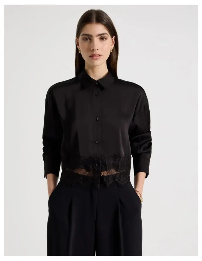 Blaq Satin Lace Trim Cropped Shirt in Black