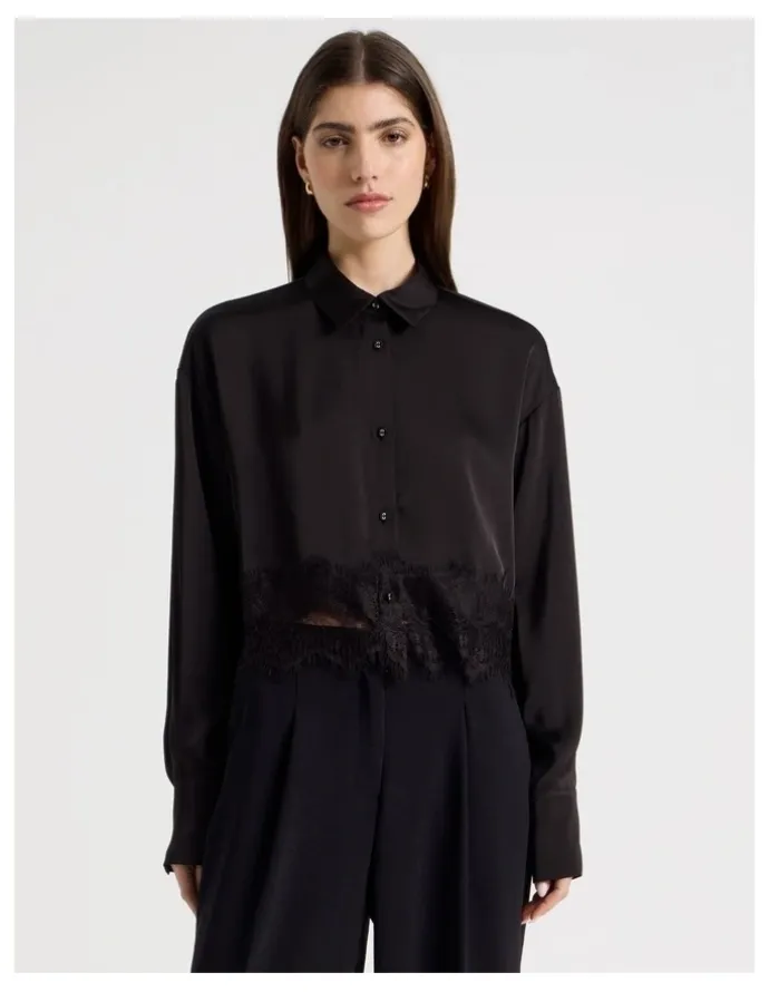 Blaq Satin Lace Trim Cropped Shirt in Black