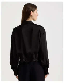 Blaq Satin Lace Trim Cropped Shirt in Black