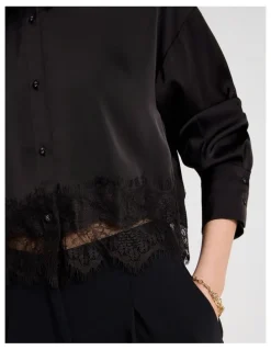 Blaq Satin Lace Trim Cropped Shirt in Black