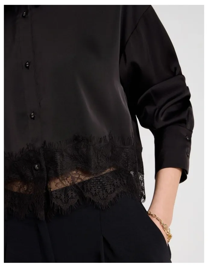 Blaq Satin Lace Trim Cropped Shirt in Black
