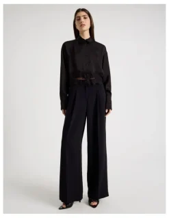 Blaq Satin Lace Trim Cropped Shirt in Black