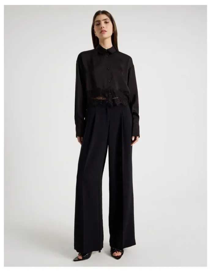Blaq Satin Lace Trim Cropped Shirt in Black