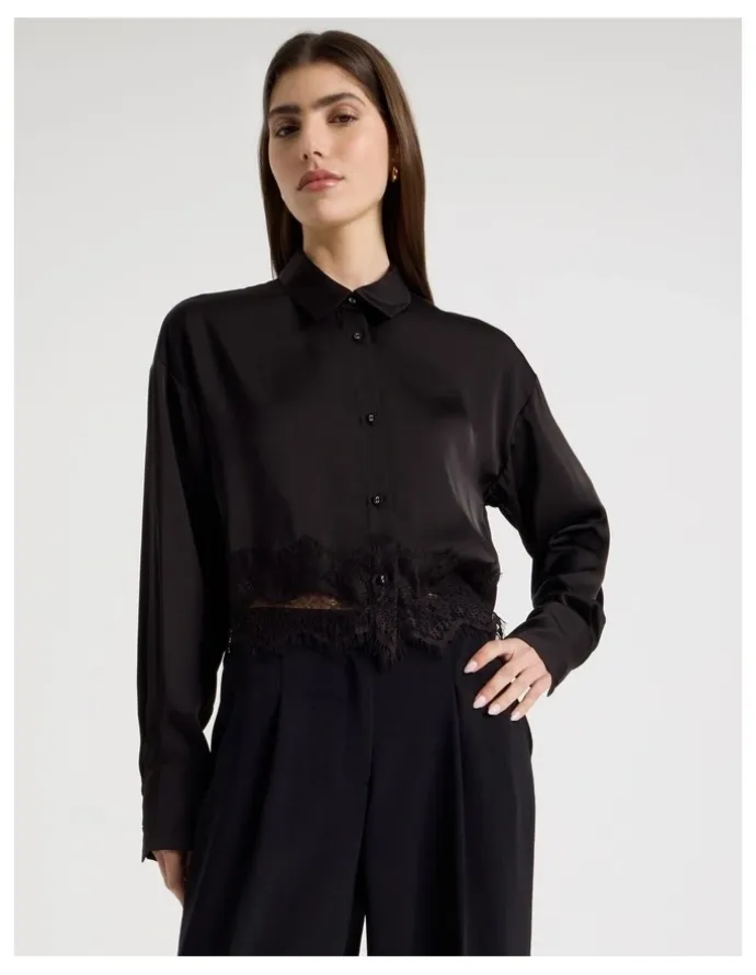Blaq Satin Lace Trim Cropped Shirt in Black