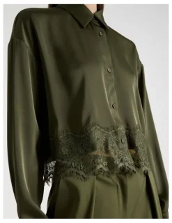 Blaq Satin Lace Trim Cropped Shirt in Khaki