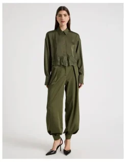 Blaq Satin Lace Trim Cropped Shirt in Khaki