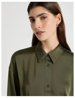 Blaq Satin Lace Trim Cropped Shirt in Khaki