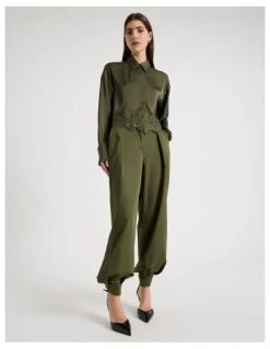 Blaq Satin Lace Trim Cropped Shirt in Khaki