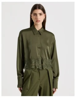 Blaq Satin Lace Trim Cropped Shirt in Khaki