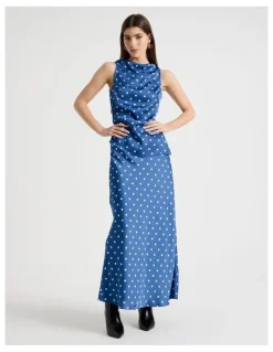 Blaq Satin Maxi Slip Skirt in Blue Spot Print