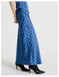 Blaq Satin Maxi Slip Skirt in Blue Spot Print