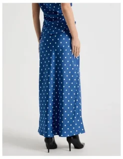 Blaq Satin Maxi Slip Skirt in Blue Spot Print