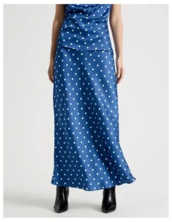 Blaq Satin Maxi Slip Skirt in Blue Spot Print