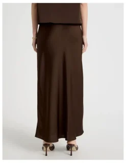 Blaq Satin Maxi Slip Skirt in Brown