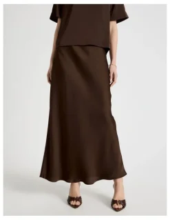Blaq Satin Maxi Slip Skirt in Brown