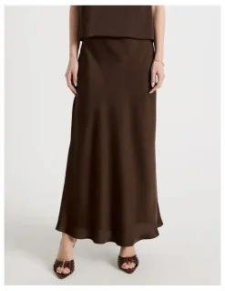 Blaq Satin Maxi Slip Skirt in Brown