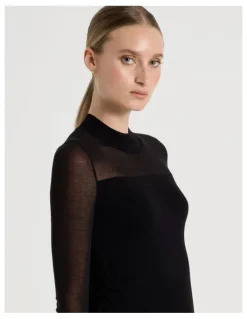 Blaq Sheer Detail Long Sleeve Knit Top in Black