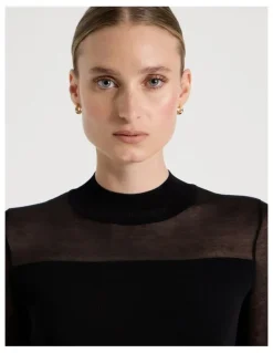 Blaq Sheer Detail Long Sleeve Knit Top in Black
