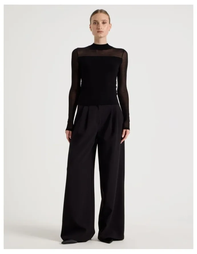 Blaq Sheer Detail Long Sleeve Knit Top in Black