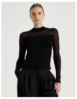 Blaq Sheer Detail Long Sleeve Knit Top in Black