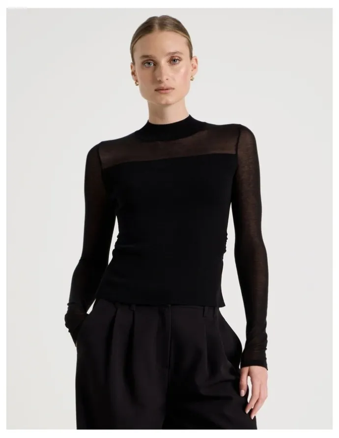 Blaq Sheer Detail Long Sleeve Knit Top in Black