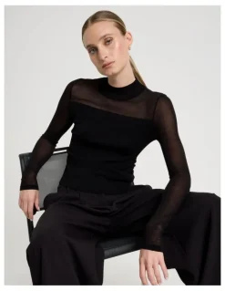 Blaq Sheer Detail Long Sleeve Knit Top in Black