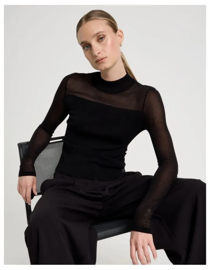 Blaq Sheer Detail Long Sleeve Knit Top in Black