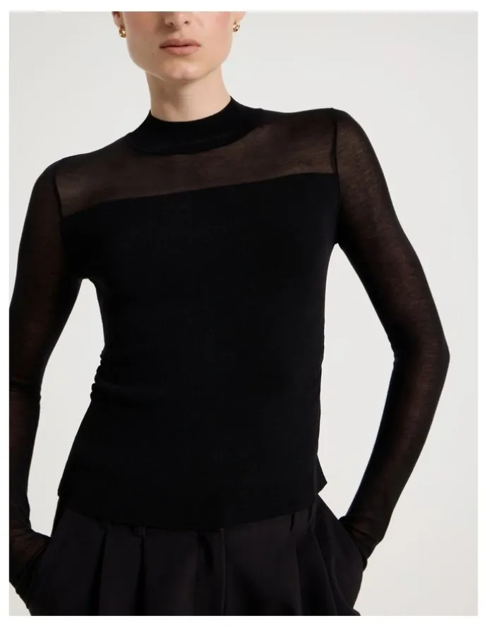 Blaq Sheer Detail Long Sleeve Knit Top in Black