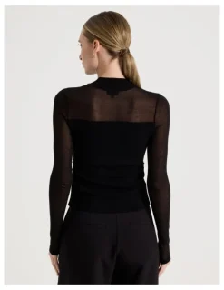 Blaq Sheer Detail Long Sleeve Knit Top in Black