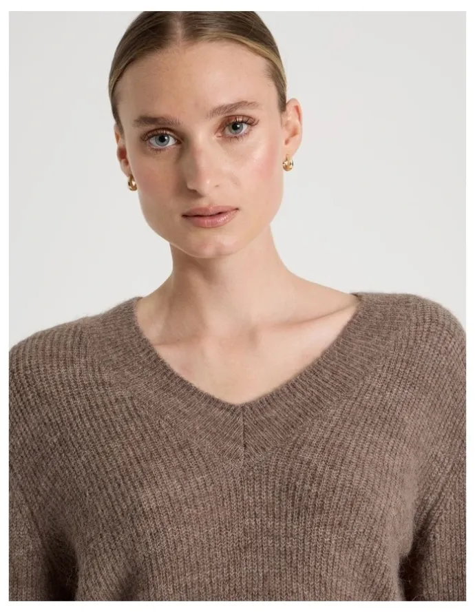 Blaq V Neck Knit Jumper in Taupe