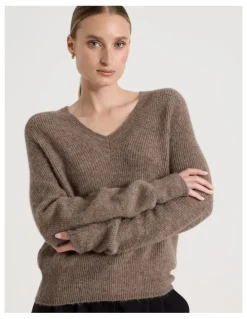 Blaq V Neck Knit Jumper in Taupe
