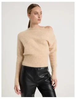 Blaq Wool Mohair Blend Fluffy Off The Shoulder Knit Jumper in Stone