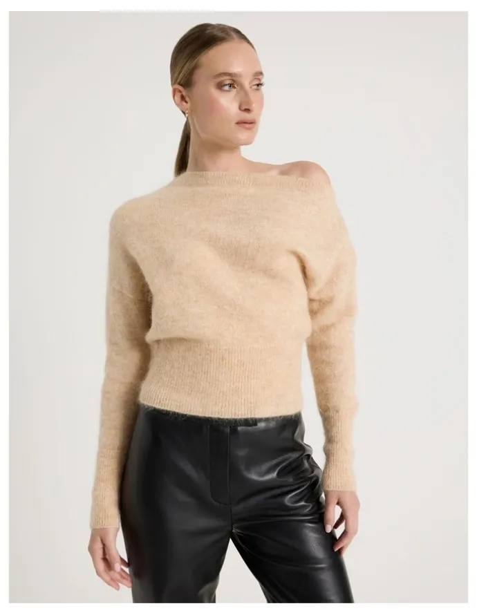 Blaq Wool Mohair Blend Fluffy Off The Shoulder Knit Jumper in Stone