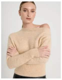 Blaq Wool Mohair Blend Fluffy Off The Shoulder Knit Jumper in Stone