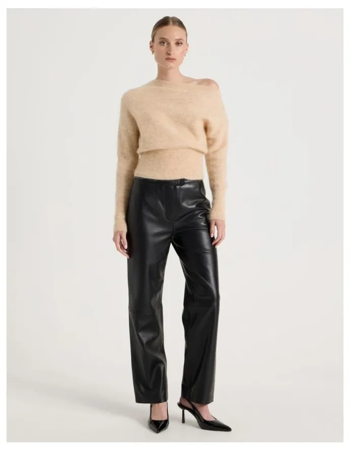 Blaq Wool Mohair Blend Fluffy Off The Shoulder Knit Jumper in Stone